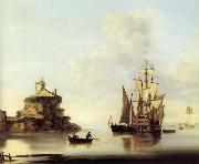 Francis Swaine An English two-deker and a Dutch barge at anchor off a coastal fort oil painting on canvas